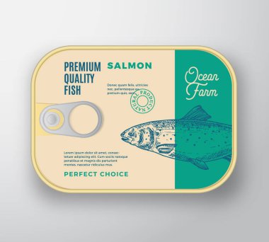 Etiket Kapaklı Soyut Vektör Balık Alüminyum Kutusu. Retro Premium Konserve Paket Tasarımı. Modern Typography and Hand Drawn Somon Siluet Arka plan Düzeni.
