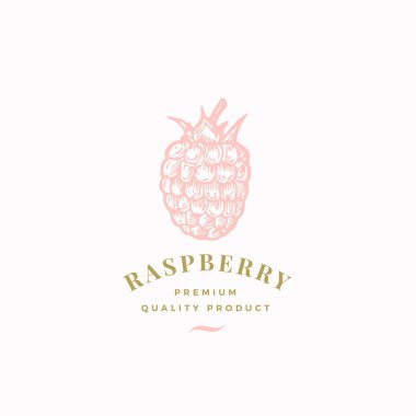 Ahududu Soyut Vektör İşareti, Sembol veya Logo Şablonu. Zarif Retro Typography ile El Çizimi Ahududu Sketch Silueti. Klasik Lüks Amblem.