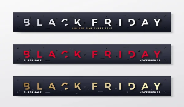 Black Friday Premium Banners or Headers Set. Reduced Typography Concepts with Abstract Decorative Elements, Realistic Shadows and Golden Gradient. Web ready proportions. — Stock Vector