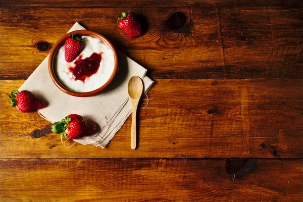 Plain Yogurt Strawberry Jam Strawberries Delicious Simple Healthy Dessert Our — Stock Photo, Image