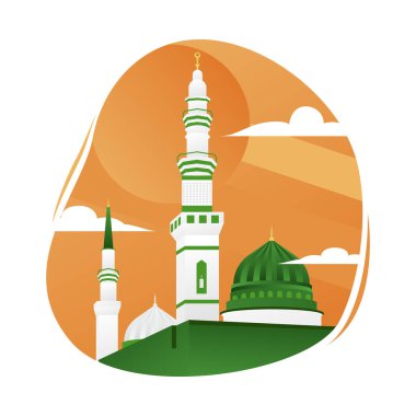 Mescid Nabawi. Renkli cami binaları vektör simgeleri oluşturuldu. Düz dizayn. Beyaz arkaplanda vektör illüstrasyonu