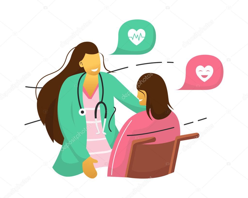 Medicine concept with doctor and patient in flat style. Practitioner doctor and young woman patient in hospital medical office. Consultation and diagnosis