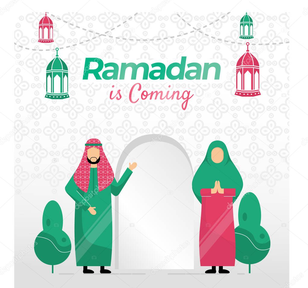 ramadan is coming concept square. man and woman. 