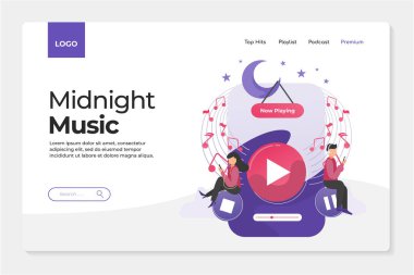 İnsanlar uyumadan önce gece yarısı müzik dinlemenin düz bir illüstrasyonunu yapıyorlar. İniş sayfası uygulama ve web sitesine odaklan. İkonun şarkısı, şarkı ve melodi