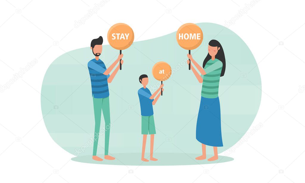 family campaign about stay at home. holding banners. family break the virus spreading. aware to precaution coronavirus or covid-19 global pandemic. Stay safe