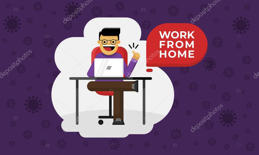 vector illustration young man work at his home, stay at home movement to avoid spreading the virus. an effective step besides lockdown. vector illustration background