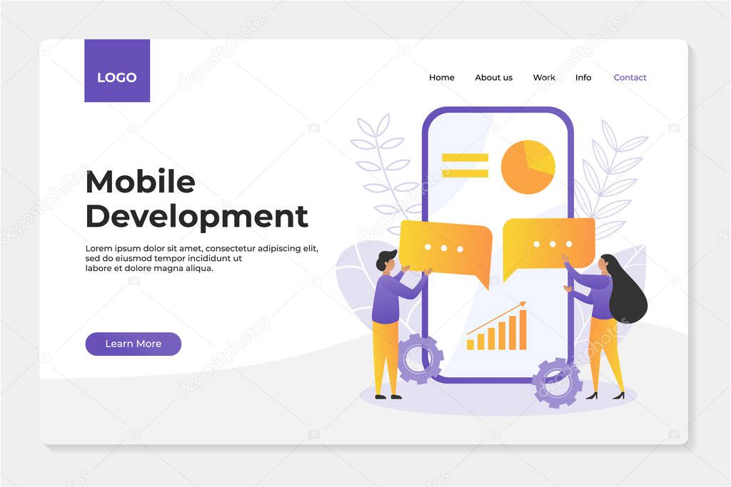 Mobile development concept illustration vector with flat design style holding bubble chat, showing diagram and chart on screen. can use for landing page or opening application. easy use editable