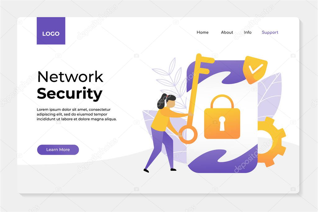 Network Security landing page vector illustration concept. People works with Mobile Smartphone in network. personal data protection, payment security, database secure, preservation and confidentiality