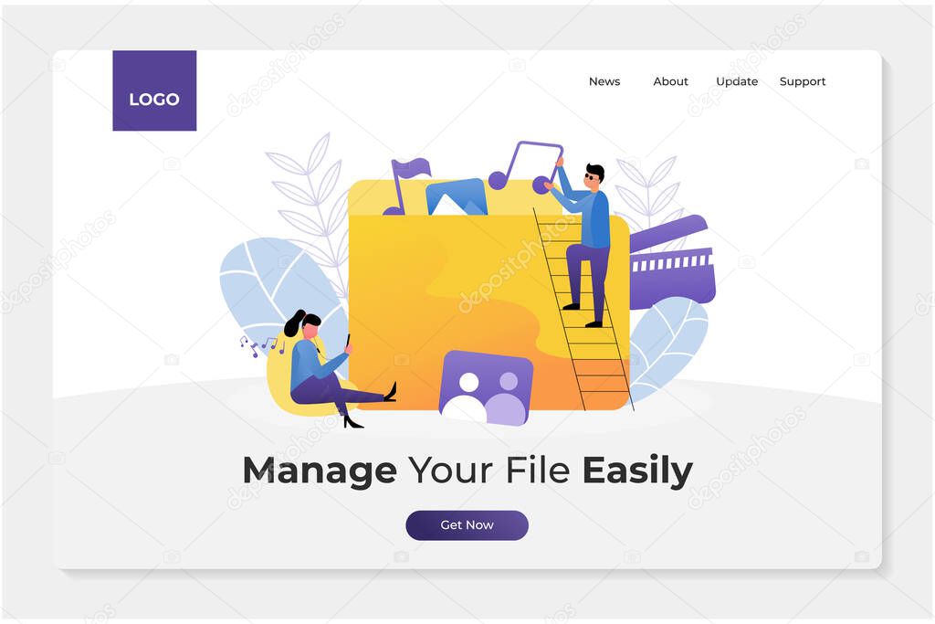 file management concept with people flat illustration character. perfect for landing page, website and mobile app. showing image, song, movie icon. template editable and easy use.