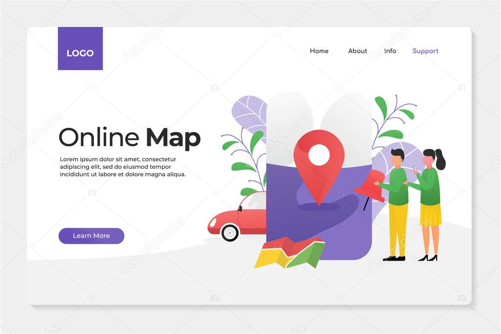 Online maps concept of illustration vector design with flat people style. can use for landing page or intro opening application. template editable and easy use