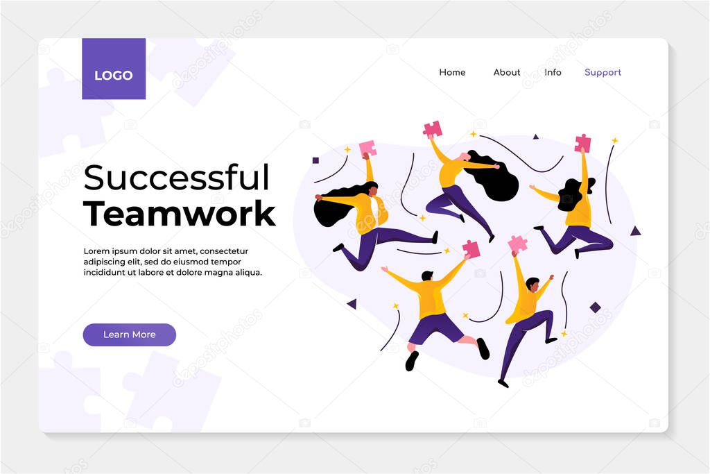 successful teamwork people concept with puzzle illustration. they are happy, jumping, exited and celebrate. perfect for greeting, landing page. vector graphic ediable template