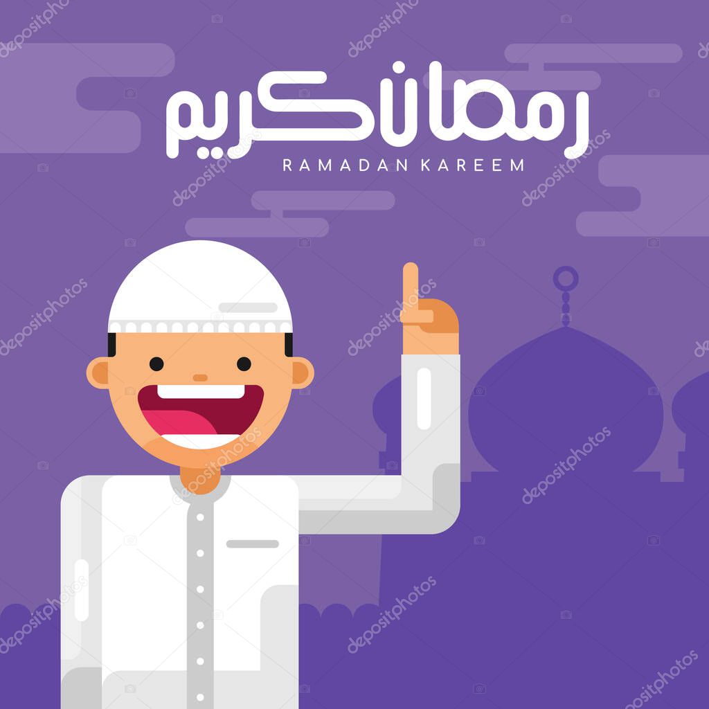 ramadan kareem greetings poster with muslim boys character wear white robe in flat design cartoon style. happy holy month of islamic people. for social media content, banner or post.