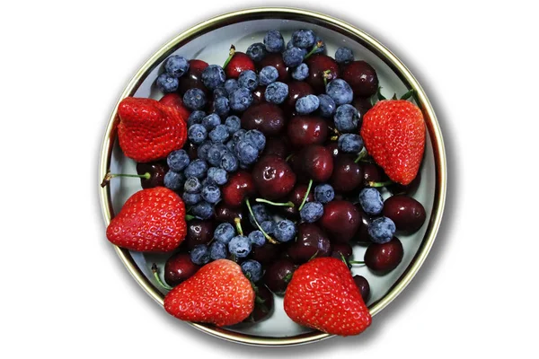 Fruits Frais Fraises Rouges Cerises Pourpres Myrtilles Tentantes — Photo