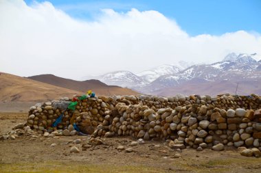 Everest Manzarası 'nın muhteşem manzarası, kahverengi yamaçlar, uzaktaki karlı dağlar, mavi gökyüzü ve beyaz bulutlar, bir çakıl taşı çemberi.