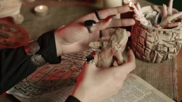 Partial view of witch putting needle in voodoo doll while practicing black magic — Stock Video