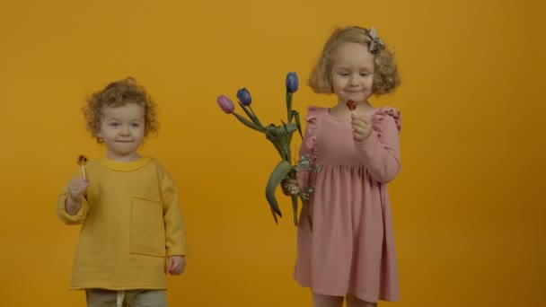 Niños sonrientes con tulipanes comiendo caramelos sobre fondo amarillo — Vídeos de Stock