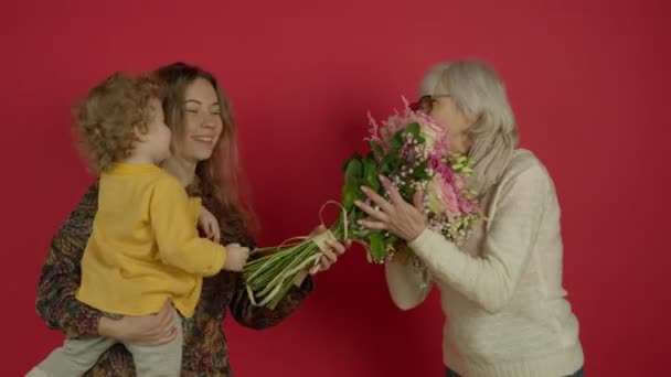 Lindo niño presentando flores y besando abuela — Vídeo de stock