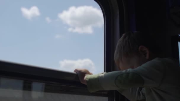 Happy little boy looking trough the window while traveling in train — Stock Video