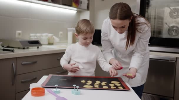 Madre e hijo decoran galletas de Pascua, el niño espolvorea moldes con espolvoreo multicolor — Vídeo de stock