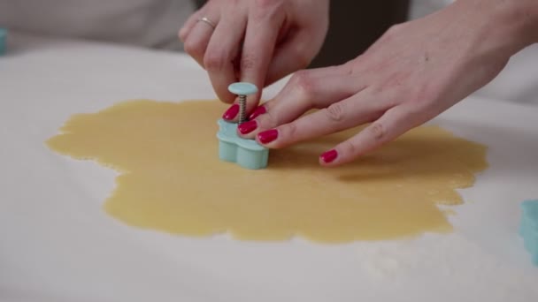 Vrouwen handen gesneden uit deeg koekjesvorm, kleine handen van het kind hulp, perfecte shortbread deeg op wit perkament — Stockvideo