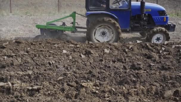 Traktor bearbeitet das Land für die Anpflanzung der Erde. Gemüseanbau für einheimische Lebensmittel — Stockvideo