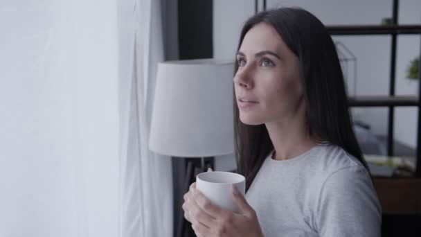 Una jovencita está de pie junto a la ventana bebiendo café y mirando a la distancia, una esbelta morena con una taza en las manos disfruta de la comodidad del hogar — Vídeos de Stock