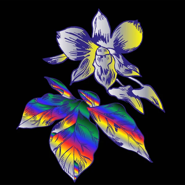 Fleurs exotiques ensemble. Illustration vintage vectorielle botanique. Holographique. Disco. Évolution . — Image vectorielle