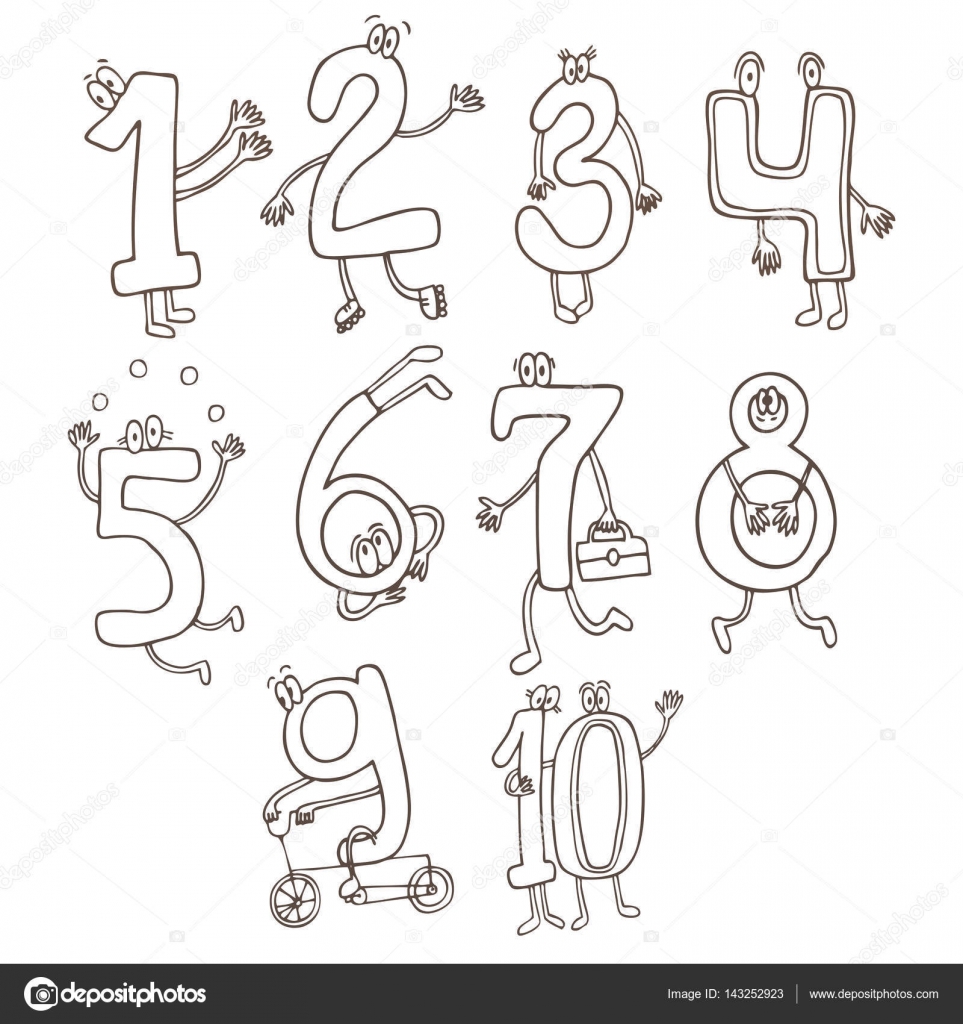 Cartoon characters. One, two, three, four, five, six, seven, eight, nine,  zero. Stock Vector