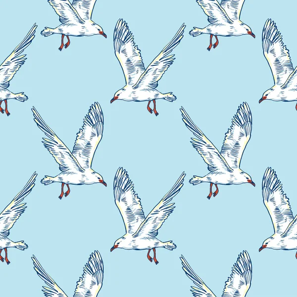 海鸥飞行鸟和海鸟。海。无缝模式 — 图库矢量图片