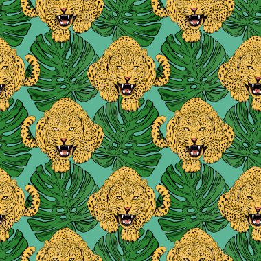 vektör leopar renkli tropikal çiçek sorunsuz arka planda.