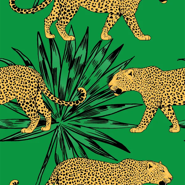 Векторні леопарди в барвистих тропічних квітах безшовний фон . — стоковий вектор