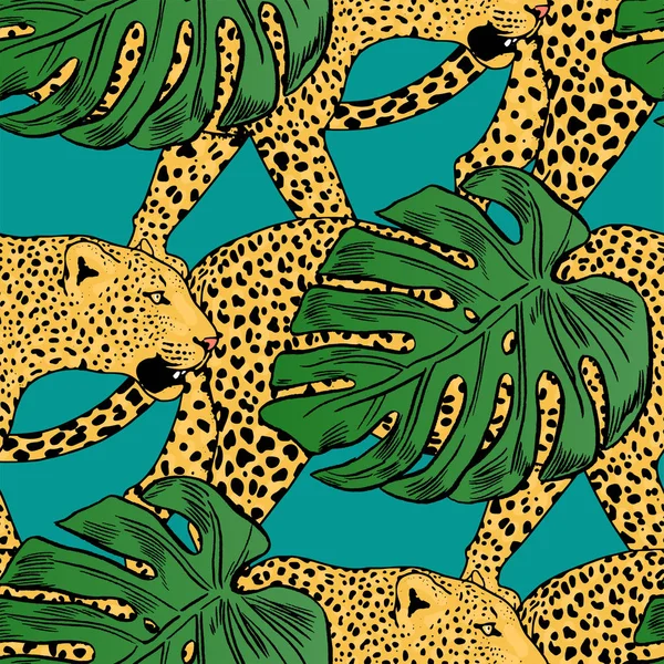 Vector de leopardos en coloridas flores tropicales fondo sin costuras . — Archivo Imágenes Vectoriales
