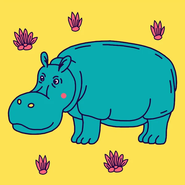 Dessin animé animal, mignon hippopotame sur fond vert . — Image vectorielle