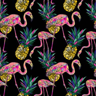Pembe flamingo, ananas ile tropikal yaz Dikişsiz desen.