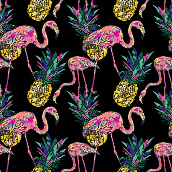 Tropisk sommar sömlösa mönster med rosa flamingo, ananas. — Stockfoto