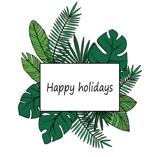 flat lay vector illustration. frame with tropical leaves isolated on white background. holiday greeting card. place for text