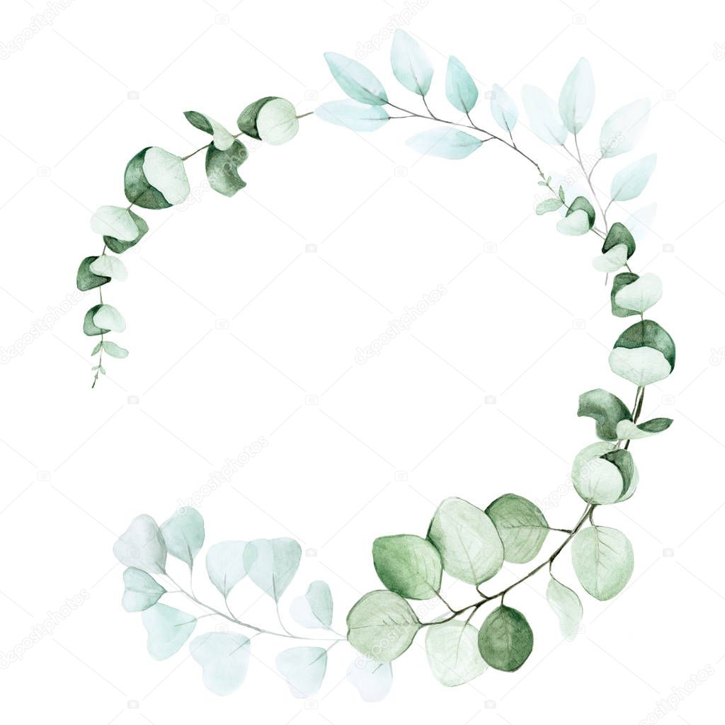 stock illustration watercolor drawing. round frame of eucalyptus leaves. graphic design element for weddings, cards, decoration.