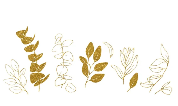 Voorraad Illustratie Contouren Van Eucalyptus Olijfbladeren Gouden Glitter Set Van — Stockfoto