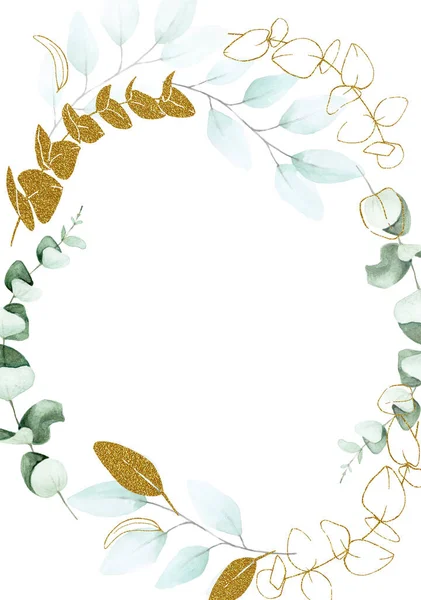 Illustration Stock Cadre Rond Feuilles Eucalyptus Dessin Aquarelle Pailleté Décoration — Photo