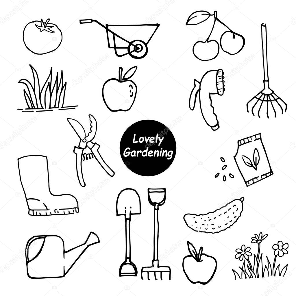 stock vector illustration drawing in doodle style. set of gardening elements. cute hand drawings vegetables and fruits, rubber boots, nozzle for irrigation hose, shovel, rake, pruner, watering can
