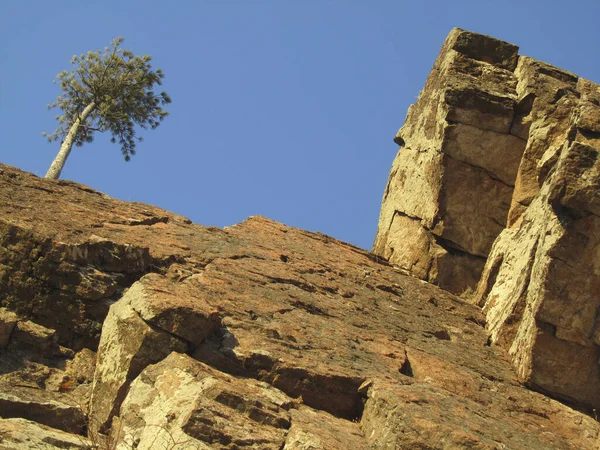 Горный Пейзаж Пик Камень Фоне Голубого Неба Дерево Вершине Утёса — стоковое фото