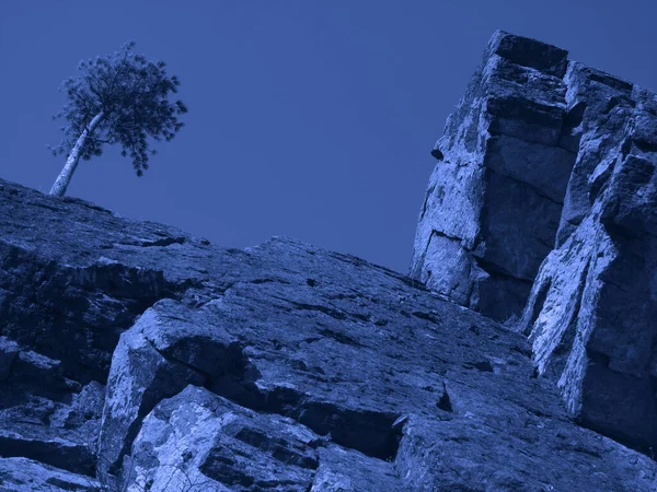 Fondo Azul Formaciones Rocosas Paisaje Montaña Tonificado Árbol Cima Acantilado —  Fotos de Stock