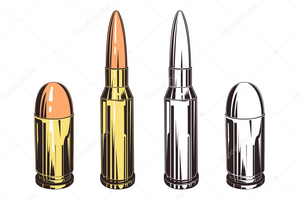 Vector image of ammunition. Cartridges for rifles and pistols. In color and black and white.