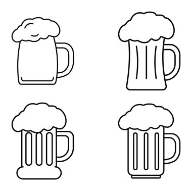 Bira bardağı olan bir takım ikonlar. Beyaz arkaplandaki simge kümesi.