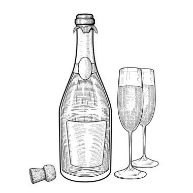 Şampanya şişesinin vektör çizimi ve iki kadeh şampanya. Siyah beyaz eskiz klasik tarzda..