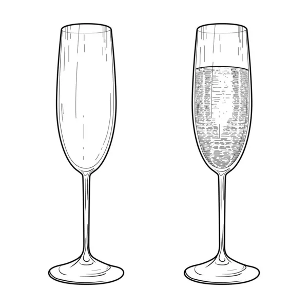 香槟杯的矢量草图 用香槟酒装饰玻璃杯的例子 — 图库矢量图片