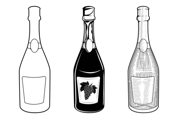 不同风格的香槟酒瓶矢量草图 黑白画 — 图库矢量图片
