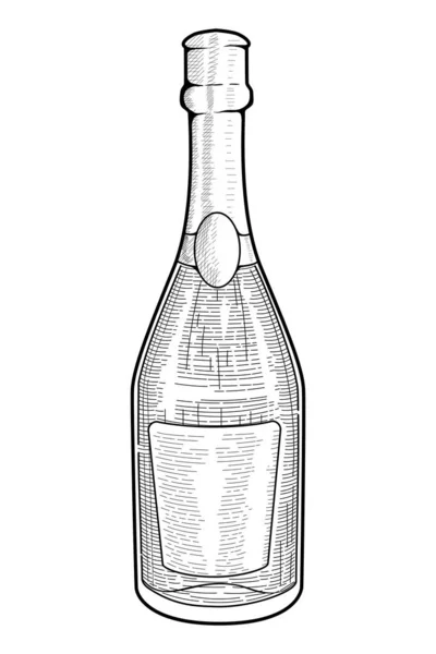 Sketsa Vektor Botol Sampanye Dengan Gaya Vintage Ilustrasi Hitam Dan - Stok Vektor