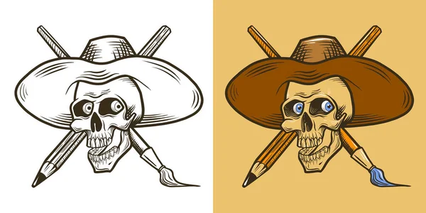 帽中骷髅的矢量图解 艺术家的骷髅愉快的骷髅用铅笔和刷子 — 图库矢量图片