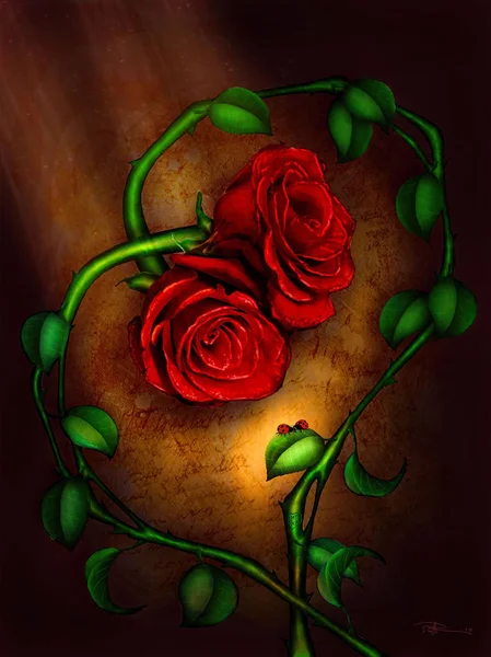 I Love You 2 / love is shown with two rose entwined in a heart with two ladybugs kissing on a leaf